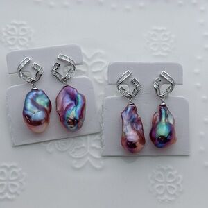 E216 S925 Freshwater Blue Berry Color Flame Ball Baroque Pearl Earrings